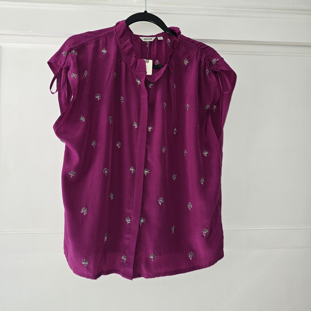 NWT ST. ROCHE SILK Magenta Embroidered Cap-Sleeve Blouse